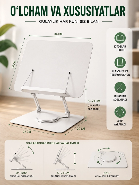 Ergonomik kitob va planshet stendi, 360 burilish, buklanadigan dizayn
