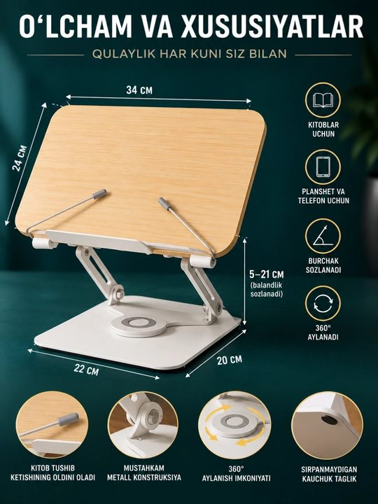 Ergonomik kitob va planshet stendi, 360 burilish, buklanadigan dizayn