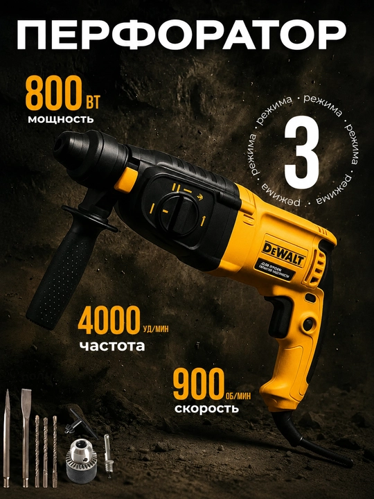 Perforator professionalni DEWALT 3х bosqichlik, 26 mm, SDS PLUS, 800 Vt - 