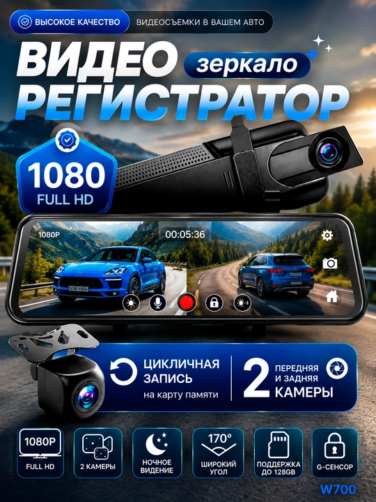 Видеорегистратор автомобиля в полном HD разрешении 1080P — 2 камеры, зеркальный DVR - 