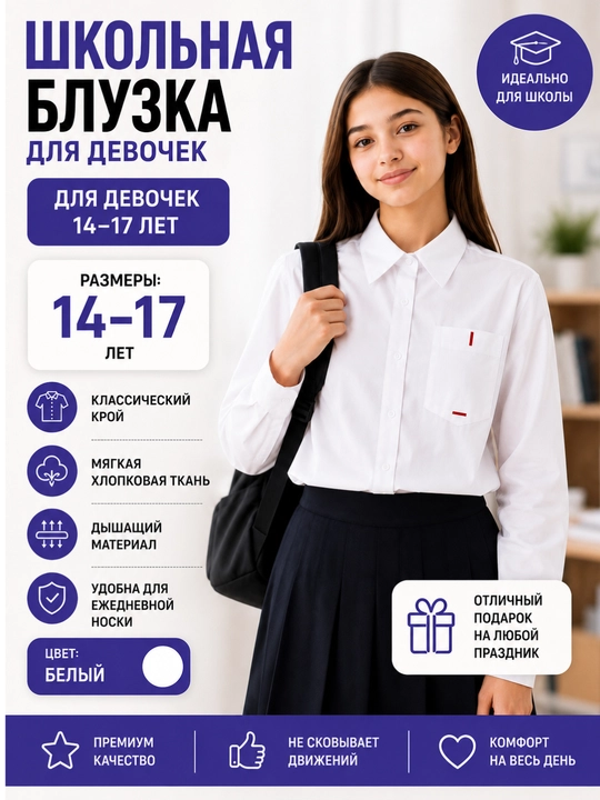 Ayollar va qizlar oq rubashkasi, ofis va oqish uchun, standart razmer: M-L-XL ga mos - 