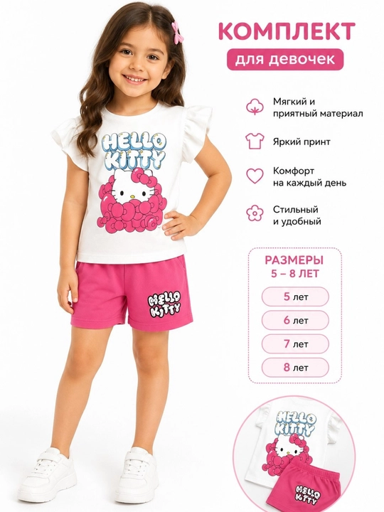 Qizlar uchun yozgi kiyim komplekti Hello Kitty, 100% paxta футболка va shortik, 5-8 yosh - 