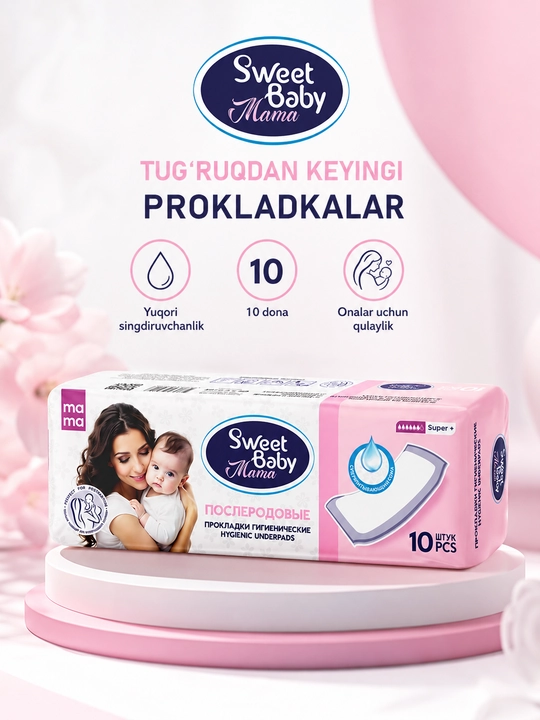 Ayollar uchun tug'ruqdan keyingi gigiyenik yostiqchalar prokladkalar, shimuvchan, 10 dona - 