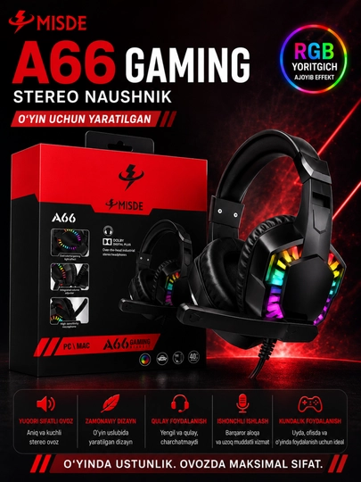 MISDE A66 Gaming Stereo Naushnik RGB Mikrofonli Simli Quloqchin PC va Mac uchun - 