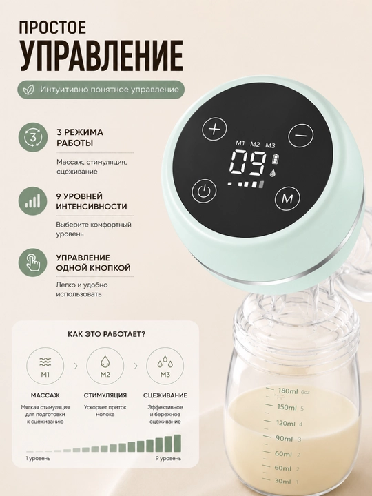 Simsiz elektr sut sog'gich, 3 rejim, 9 daraja, USB Type-C zaryadlash
