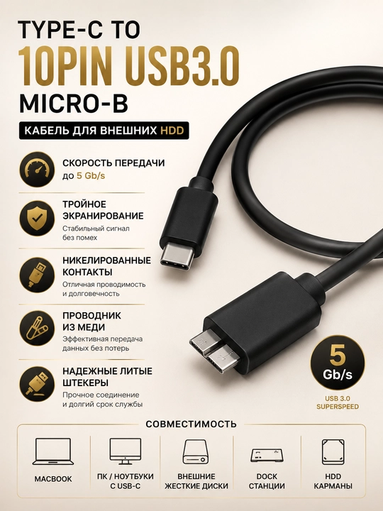 HDD kabeli, type-C USB3.0 Micro-B 10pin, tashqi HDD uchun - 