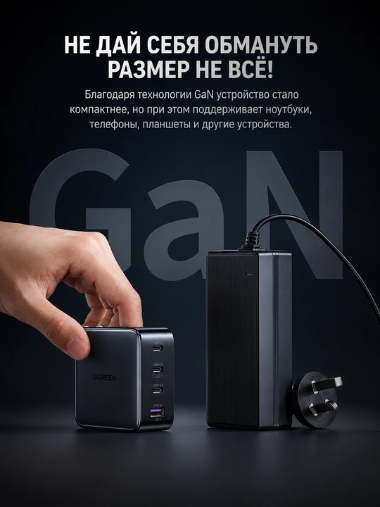 UGREEN Nexode 100W GaN, 4 порта (3×USB-C + 1×USB-A), быстрая зарядка PD 3.0/QC