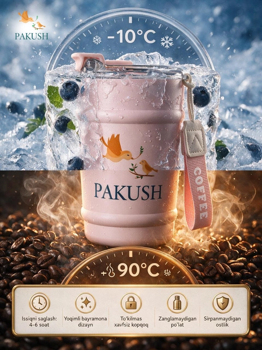 PAKUSH Issiq va sovuq ichimliklar uchun mo‘ljallangan 350 ml li premium vakuumli termokrujka
