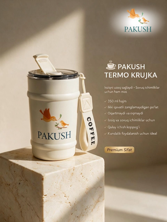 PAKUSH Issiq va sovuq ichimliklar uchun mo‘ljallangan 350 ml li premium vakuumli termokrujka