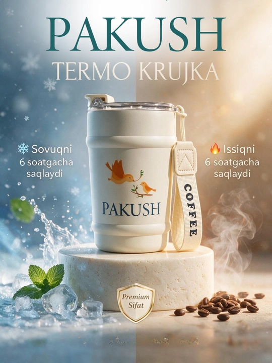 PAKUSH Issiq va sovuq ichimliklar uchun mo‘ljallangan 350 ml li premium vakuumli termokrujka - 