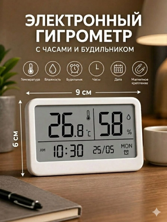Электронный гигрометр с термометром и часами 3в1 , будильник, дата, настольный и настенный - 