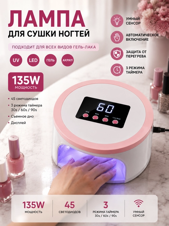 Professional manikyur va pedikyur uchun lampa, 135W, tirnoqlarni quritish uchun - 