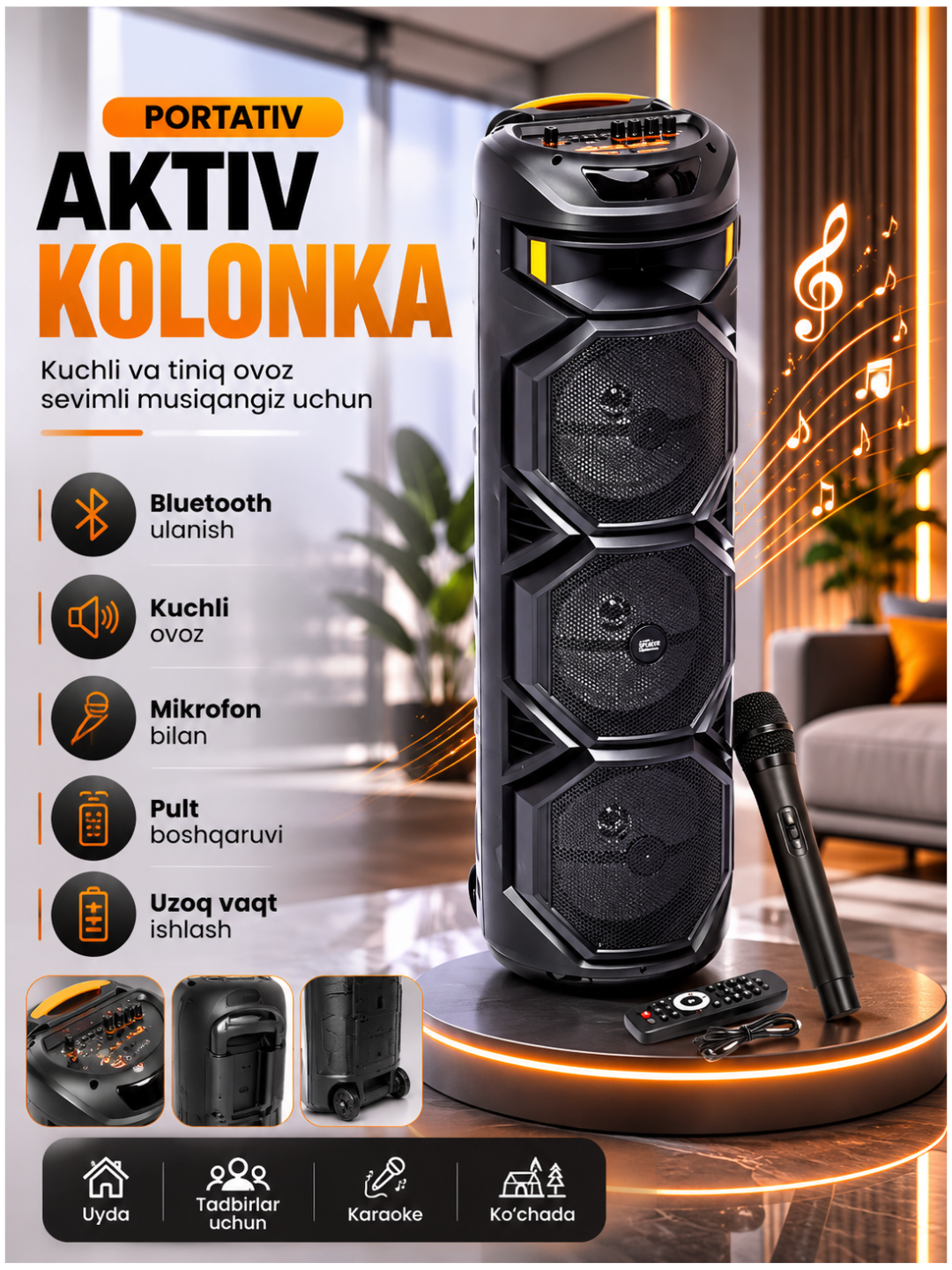 Katta Bluetooth simsiz karnay, karaoke, RGB yoritish, mikrofon va pult bilan - 