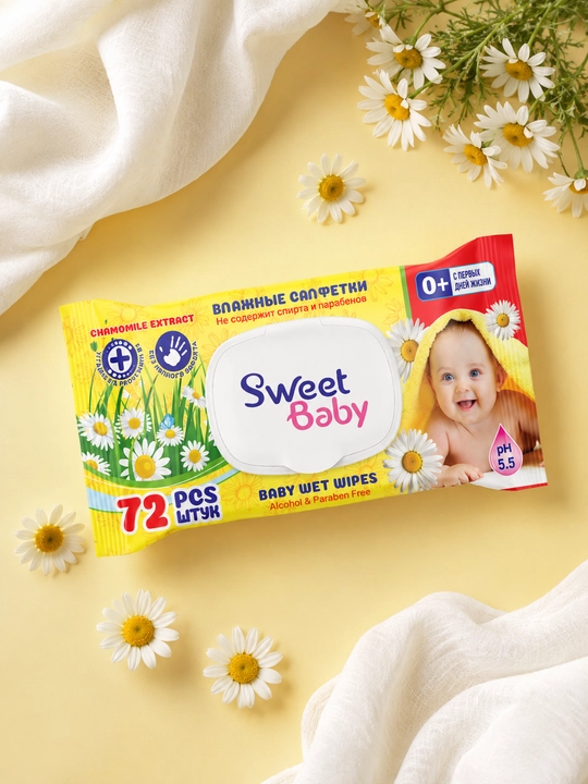 Детские и семейные влажные салфетки с крышкой, гипоаллергенные, SweetBaby EliteSoft, 72 шт