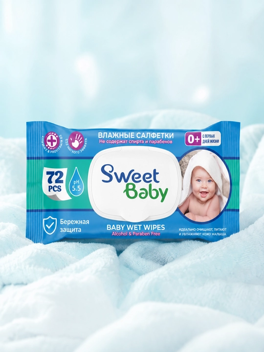 Детские и семейные влажные салфетки с крышкой, гипоаллергенные, SweetBaby EliteSoft, 72 шт