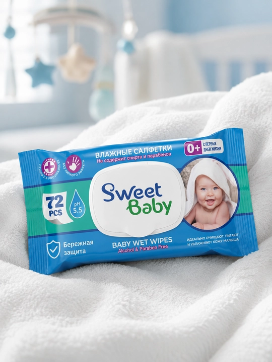 Детские и семейные влажные салфетки с крышкой, гипоаллергенные, SweetBaby EliteSoft, 72 шт