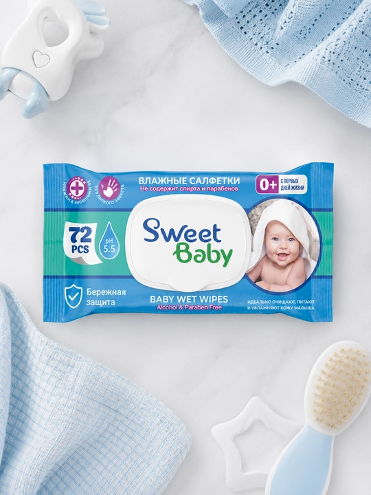 Детские и семейные влажные салфетки с крышкой, гипоаллергенные, SweetBaby EliteSoft, 72 шт