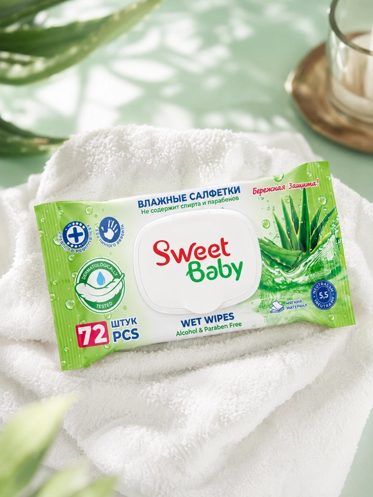 Детские и семейные влажные салфетки с крышкой, гипоаллергенные, SweetBaby EliteSoft, 72 шт
