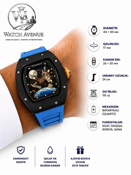 Наручные часы в Richard Mille, кварцевые, с календарем, силиконовый ремешок - 