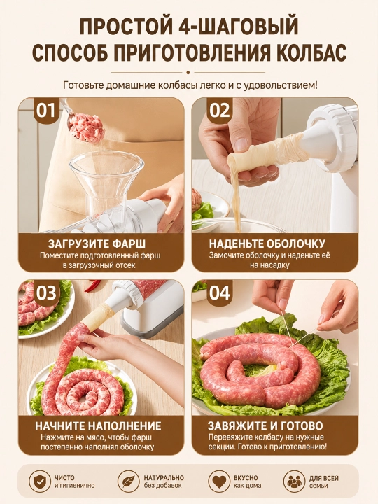 Uy sharoitida kolbasa, sosiska va kupat tayyorlash uchun qo'l shpritsi (to'ldirgich)