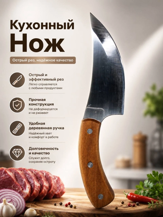 Oshxona pichog‘i, zanglamaydigan po‘lat, yog‘och dastali, o‘tkir va mustahkam - 