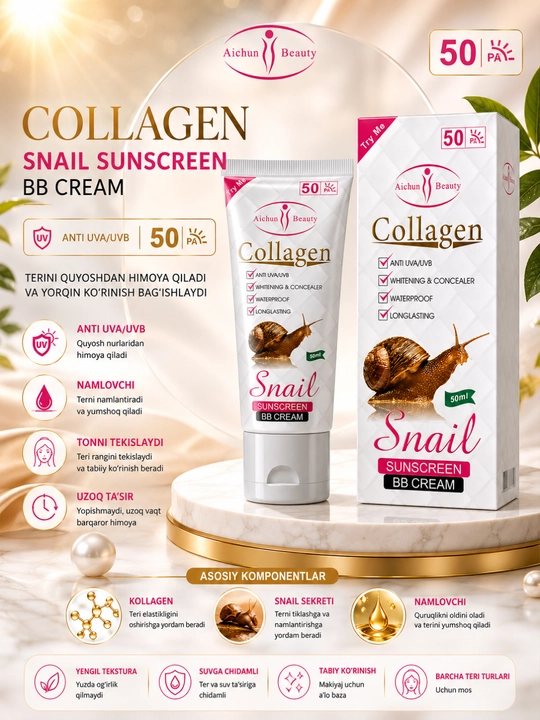 Kollagen va chig‘anoq ekstrakti qo‘shilgan BB-kremi, quyoshdan himoyalovchi, SPF 50+ PA++ - 