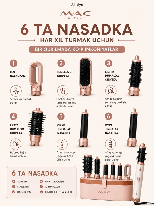 Mac styler 6 in 1 soch turmaklagich fen jingalaklagich va tekislagich 1200w