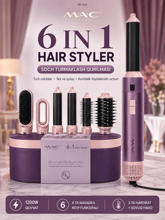 Mac styler 6 in 1 soch turmaklagich fen jingalaklagich va tekislagich 1200w - 