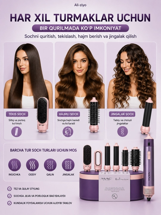 Mac styler 6 in 1 фен-стайлер для волос, плойка и выпрямитель 1200w