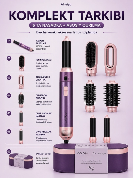Mac styler 6 in 1 фен-стайлер для волос, плойка и выпрямитель 1200w