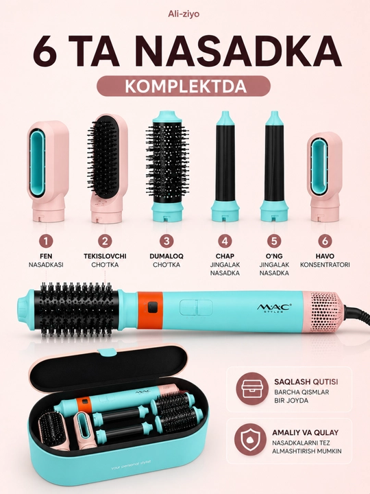 Mac styler 6 in 1 soch turmaklagich fen jingalaklagich va tekislagich 1200w