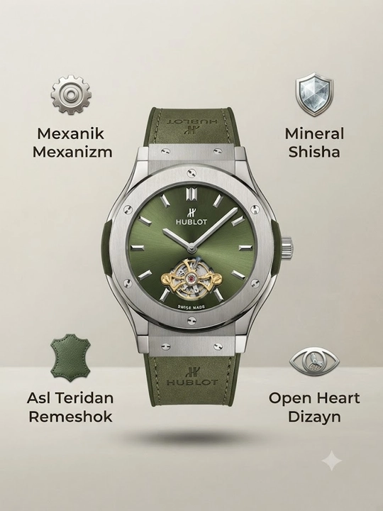 Erkaklar qo‘l soati, Hublot, yapon mexanizmi, open heart mexanikasi, yoqut shisha, klassik - 