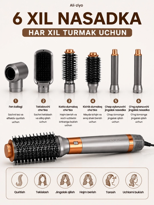 MAC Styler MC-6769 6 tasi 1 da soch styleri, fen va turmaklagich, 800W