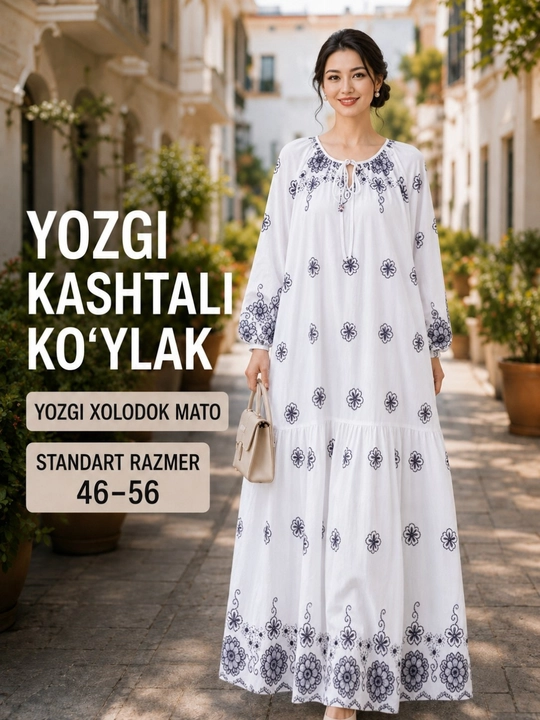 46-56 o‘lchamdagi erkin bichimli, maksi kashta tikilgan ayollar ko‘ylagi - 