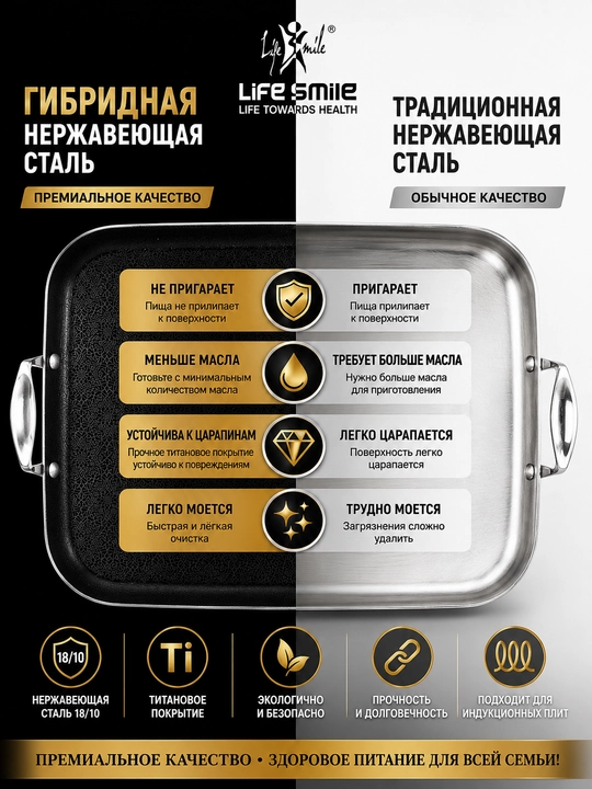 Двойная панель для приготовления Life Smile 49 см, нержавеющая сталь 18-10