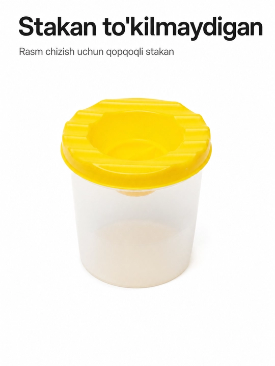 Rasm chizish va bo‘yash uchun qopqoqli to‘kmaydigan idish, suvli stakan - 