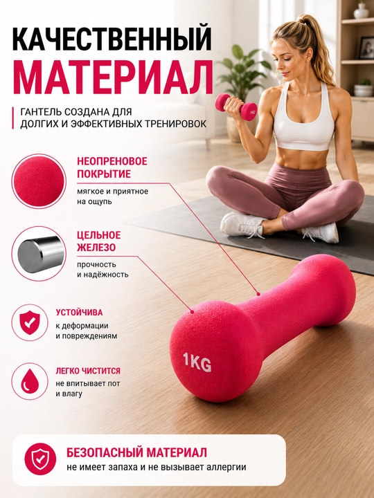 Neoprenli gantel, 1 kg, fitnes uchun, uy sharoitida mashq qilish uchun