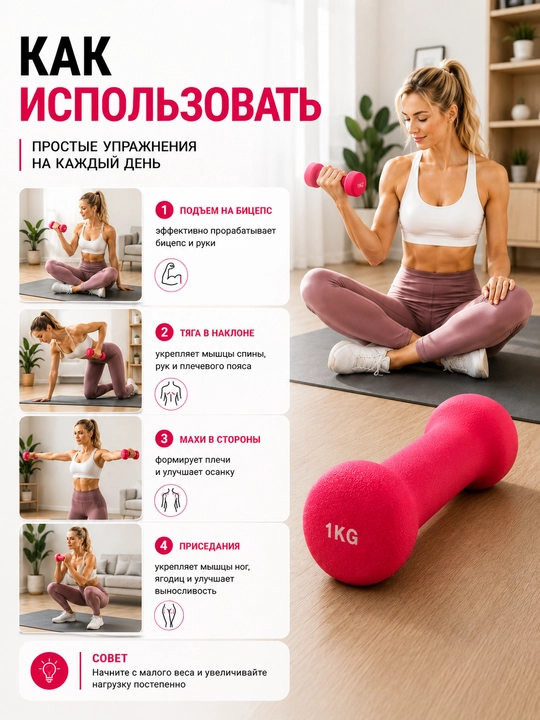 Neoprenli gantel, 1 kg, fitnes uchun, uy sharoitida mashq qilish uchun