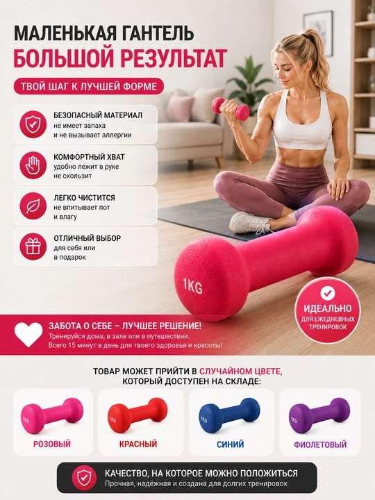 Neoprenli gantel, 1 kg, fitnes uchun, uy sharoitida mashq qilish uchun