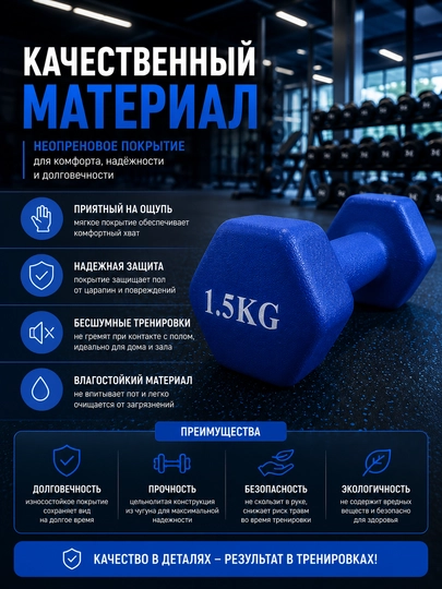 Neoprenli gantel, 1 kg, fitnes uchun, uy sharoitida mashq qilish uchun