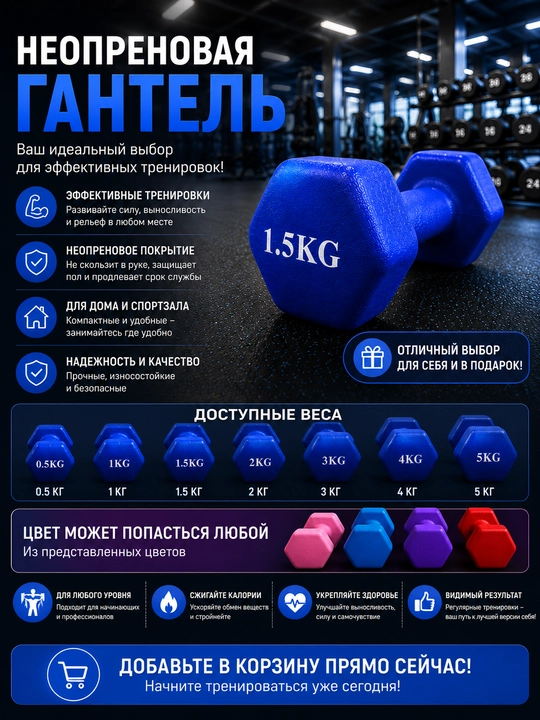 Neoprenli gantel, 1 kg, fitnes uchun, uy sharoitida mashq qilish uchun