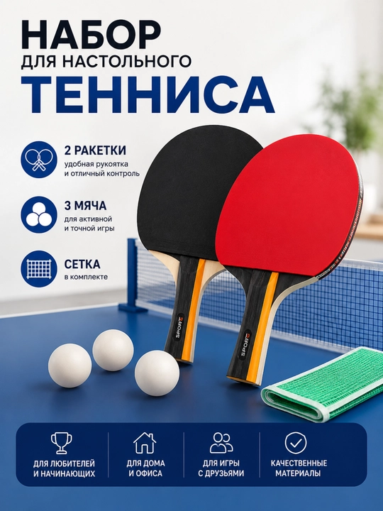 Набор для настольного тенниса — 2 ракетки, 3 мяча и сетка для пинг-понга спорт - 