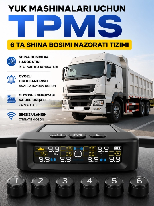 TPMS для грузовика, 6 датчиков, контроль давления и температуры шин, солнечная зарядка - 