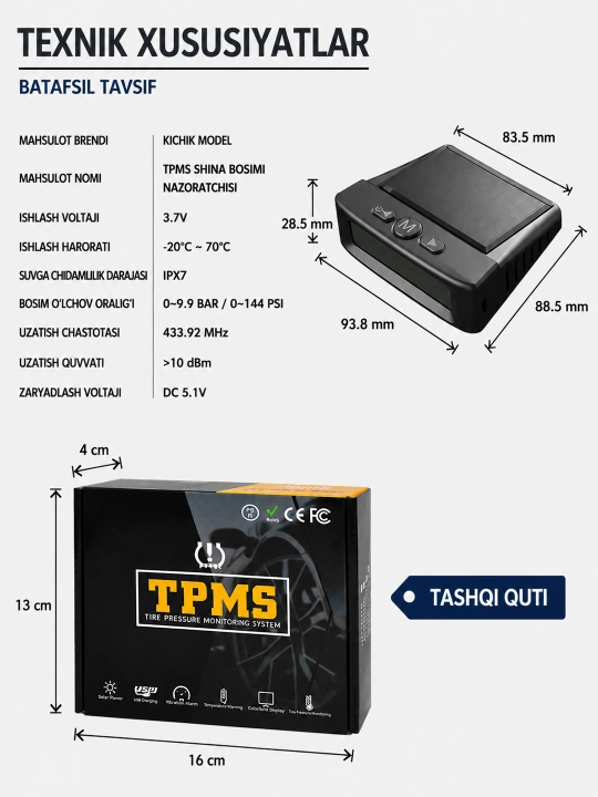 TPMS для грузовика, 6 датчиков, контроль давления и температуры шин, солнечная зарядка