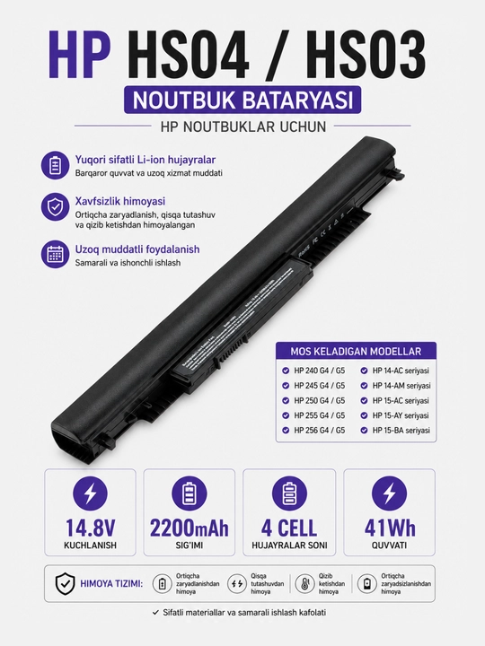 HP HS04 Noutbuk Batareyasi 14.8V 2200mAh 41Wh HP 240 G4, 245 G4, 250 G4, 255 G4 - 
