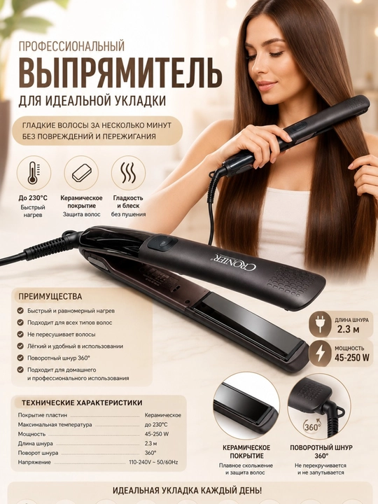 CRONIER 3399 soch uchun gafre va dazmol | Keramik qoplama | 230°C tez qiziydi
