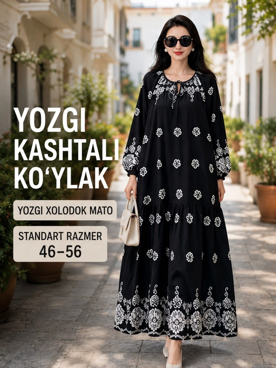 Ko'ylak kashtali uzun ko'ylak, XB matoli, erkin fason, standart razmer 46–56 - 