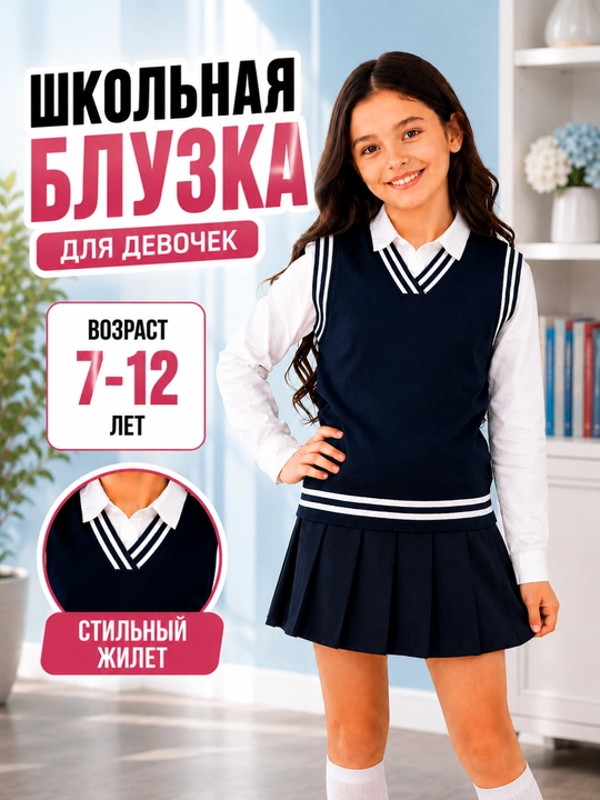 Школьный жилет для девочек, темно-синий, из костюмной ткани, 7–12 лет - 