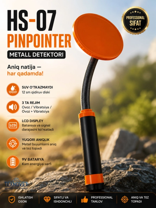 HS-07 Pinpointer metall detektor–Suv o'tkazmaydigan, LCD displeyli, 3 ta aniqlash rejim