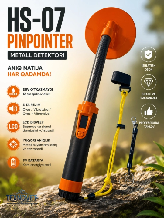 HS-07 Pinpointer metall detektor–Suv o'tkazmaydigan, LCD displeyli, 3 ta aniqlash rejim
